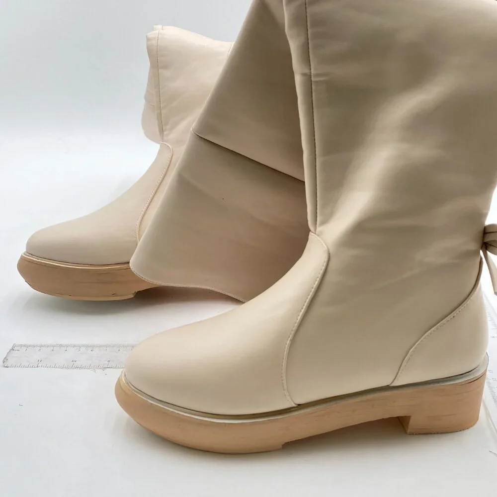FSJ White Round Toe Side Zipper Low Block Heel Small Bow Over The Knee Boots